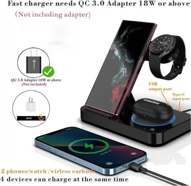 Alt view image 5 of 7 - BONAEVER Wireless Charger for Samsung & Android Multiple Devices 3 in 1 Fast Charger Station Stand for Phone Galaxy Z Flip 5/4/3 Z Fold S24 S23 Ultra S22 S21 S20, Galaxy Watch 7/6/5 Pro/4/3 Buds