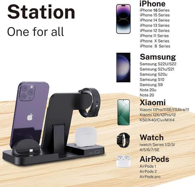 Alt view image 7 of 7 - BONAEVER 6-in-1 Fast Wireless Charging Station for iPhone 16/15/14/13 Series, Apple Watch Ultra/9/8/7/6/5/4/3/2/1, AirPods Pro/1/2,18W Qi-Certified Wireless Charger Stand with QC 3.0 Adapter