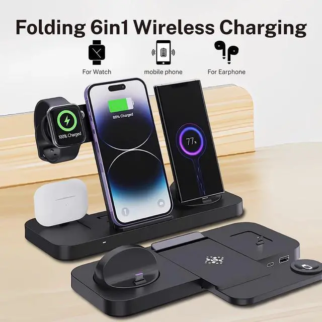 Alt view image 4 of 7 - BONAEVER 6-in-1 Fast Wireless Charging Station for iPhone 16/15/14/13 Series, Apple Watch Ultra/9/8/7/6/5/4/3/2/1, AirPods Pro/1/2,18W Qi-Certified Wireless Charger Stand with QC 3.0 Adapter
