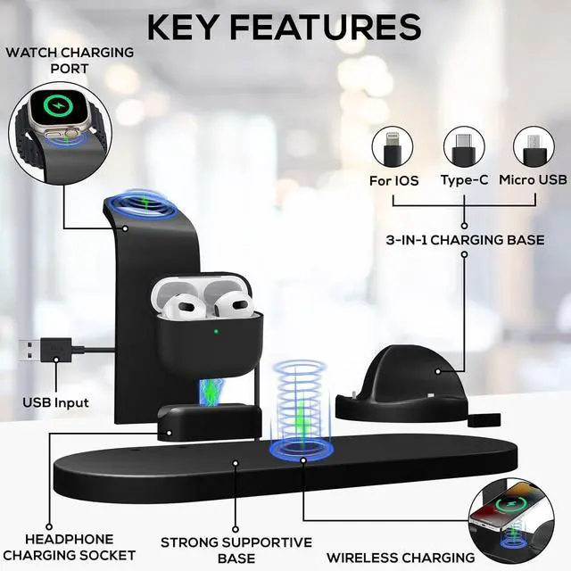 Alt view image 3 of 7 - BONAEVER 4 in 1 Wireless Charging Station for Smartwatches, Smartphones, Earbuds - 15W Fast Wireless Charger for Apple iPhone, iWatch, Airpod with Adapter & iWatch Charging Cable
