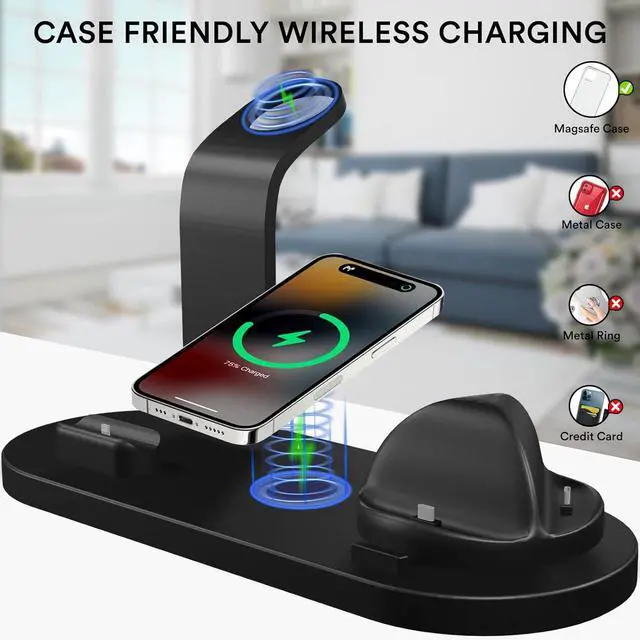 Alt view image 7 of 7 - BONAEVER 4 in 1 Wireless Charging Station for Smartwatches, Smartphones, Earbuds - 15W Fast Wireless Charger for Apple iPhone, iWatch, Airpod with Adapter & iWatch Charging Cable