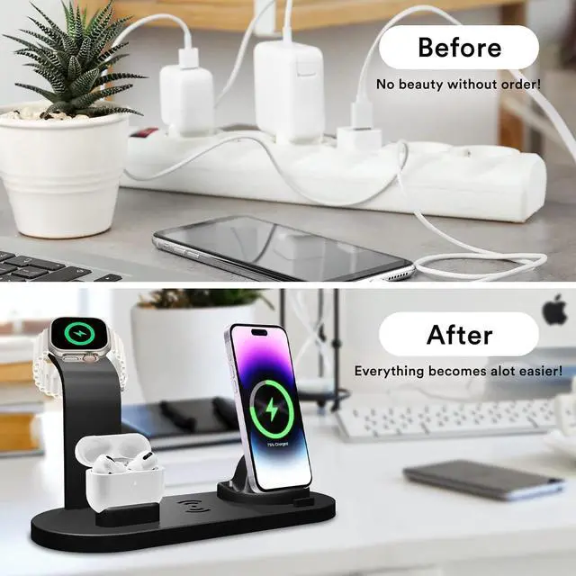 Alt view image 4 of 7 - BONAEVER 4 in 1 Wireless Charging Station for Smartwatches, Smartphones, Earbuds - 15W Fast Wireless Charger for Apple iPhone, iWatch, Airpod with Adapter & iWatch Charging Cable