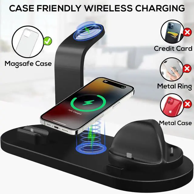 Alt view image 2 of 7 - BONAEVER 4 in 1 Wireless Charging Station for Smartwatches, Smartphones, Earbuds - 15W Fast Wireless Charger for Apple iPhone, iWatch, Airpod with Adapter & iWatch Charging Cable