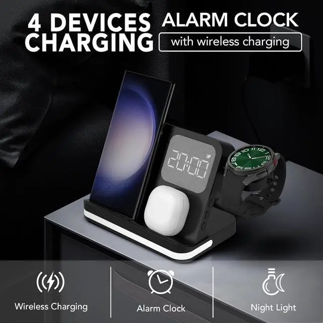Alt view image 6 of 7 - 4 in 1 Wireless Charger with Alarm Clock Compatible for Galaxy Watch 7/Ultra/FE/6/5 Pro Galaxy S25/Ultra/S25+/S24/S23/Note 20/Z Flip 6/5 Fold 6/5 Galaxy Buds 3/2/Pro Multiple Devices Charging Station