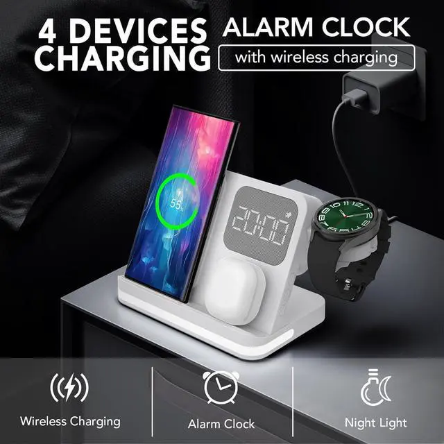 Alt view image 6 of 6 - 4 in 1 Wireless Charger with Alarm Clock Compatible for Galaxy Watch 7/Ultra/FE/6/5 Pro Galaxy S25/Ultra/S25+/S24/S23/Note 20/Z Flip 6/5 Fold 6/5 Galaxy Buds 3/2/Pro Multiple Devices Charging Station