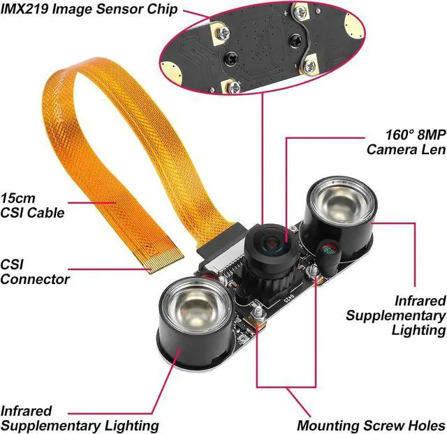 Alt view image 2 of 7 - BONAEVER Camera Module 8MP CSI IMX219 Sensor for Raspberry Pi 5 with 160° Wide-Angle Lens & Night Vision, Infrared Illuminator Included