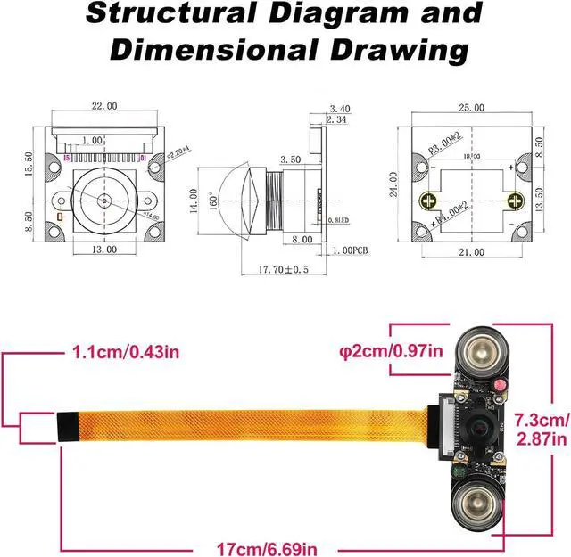 Alt view image 7 of 7 - BONAEVER Camera Module 8MP CSI IMX219 Sensor for Raspberry Pi 5 with 160° Wide-Angle Lens & Night Vision, Infrared Illuminator Included