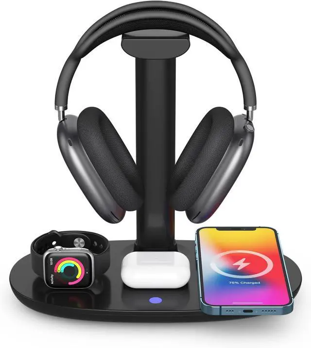 Alt view image 7 of 7 - BONAEVER Headphone Stand with 15w Wireless Charger, 4 in 1 Charging Station Headset Holder for AirPods Max/Pro/4/3/2 iWatch 10/9/8/7/6/5/4/3/2/1/SE iPhone 16/15/14/13/12/11/X for Desktop Table Game