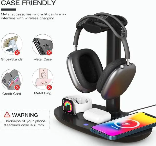Alt view image 3 of 7 - BONAEVER Headphone Stand with 15w Wireless Charger, 4 in 1 Charging Station Headset Holder for AirPods Max/Pro/4/3/2 iWatch 10/9/8/7/6/5/4/3/2/1/SE iPhone 16/15/14/13/12/11/X for Desktop Table Game