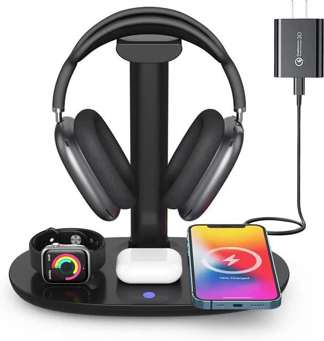 Main image of BONAEVER Headphone Stand with 15w Wireless Charger, 4 in 1 Charging Station Headset Holder for AirPods Max/Pro/4/3/2 iWatch 10/9/8/7/6/5/4/3/2/1/SE iPhone 16/15/14/13/12/11/X for Desktop Table Game