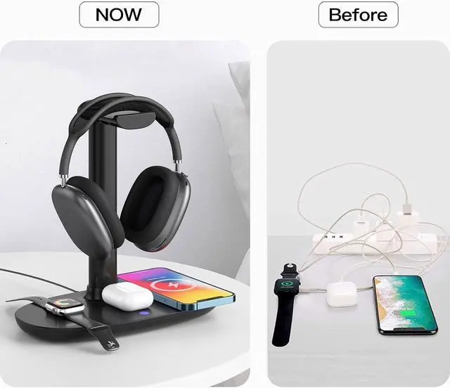 Alt view image 6 of 7 - BONAEVER Headphone Stand with 15w Wireless Charger, 4 in 1 Charging Station Headset Holder for AirPods Max/Pro/4/3/2 iWatch 10/9/8/7/6/5/4/3/2/1/SE iPhone 16/15/14/13/12/11/X for Desktop Table Game