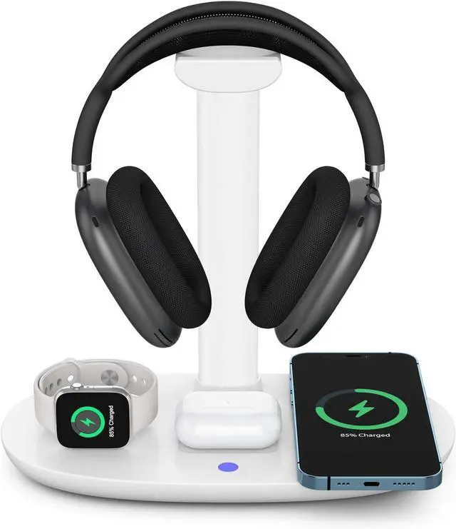 Alt view image 7 of 7 - BONAEVER Headphone Stand with 15w Wireless Charger, 4 in 1 Charging Station Headset Holder for AirPods Max/Pro/4/3/2 iWatch 10/9/8/7/6/5/4/3/2/1/SE iPhone 16/15/14/13/12/11/X for Desktop Table Game