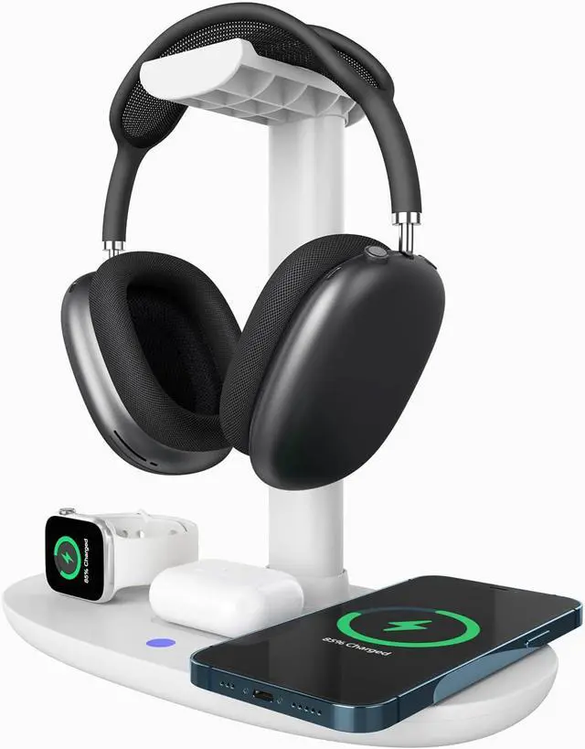 Alt view image 6 of 7 - BONAEVER Headphone Stand with 15w Wireless Charger, 4 in 1 Charging Station Headset Holder for AirPods Max/Pro/4/3/2 iWatch 10/9/8/7/6/5/4/3/2/1/SE iPhone 16/15/14/13/12/11/X for Desktop Table Game
