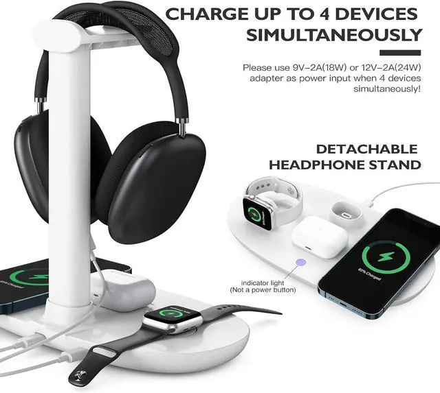 Alt view image 4 of 7 - BONAEVER Headphone Stand with 15w Wireless Charger, 4 in 1 Charging Station Headset Holder for AirPods Max/Pro/4/3/2 iWatch 10/9/8/7/6/5/4/3/2/1/SE iPhone 16/15/14/13/12/11/X for Desktop Table Game