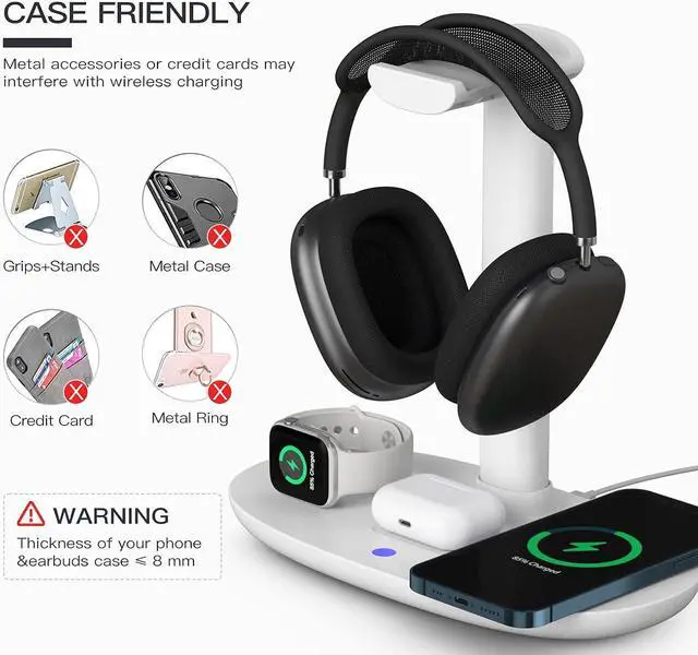 Alt view image 3 of 7 - BONAEVER Headphone Stand with 15w Wireless Charger, 4 in 1 Charging Station Headset Holder for AirPods Max/Pro/4/3/2 iWatch 10/9/8/7/6/5/4/3/2/1/SE iPhone 16/15/14/13/12/11/X for Desktop Table Game