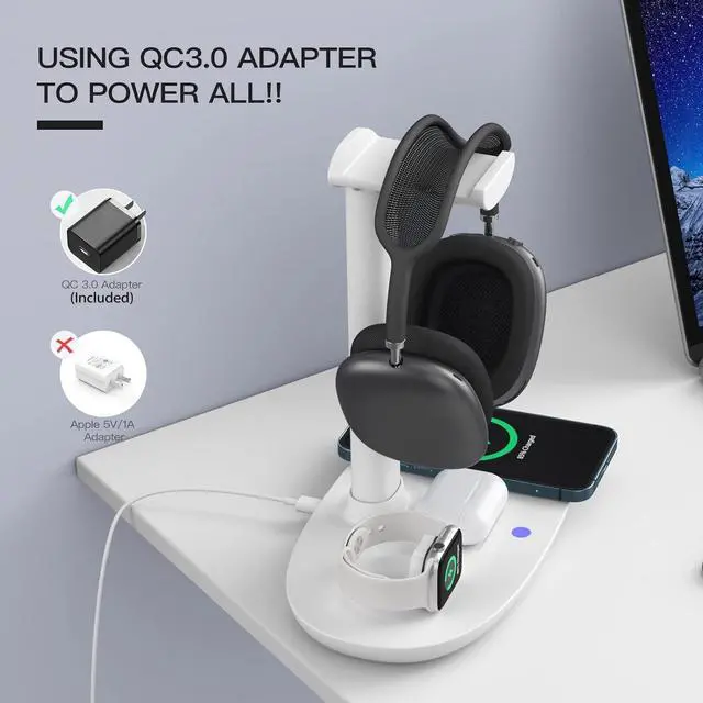 Alt view image 2 of 7 - BONAEVER Headphone Stand with 15w Wireless Charger, 4 in 1 Charging Station Headset Holder for AirPods Max/Pro/4/3/2 iWatch 10/9/8/7/6/5/4/3/2/1/SE iPhone 16/15/14/13/12/11/X for Desktop Table Game