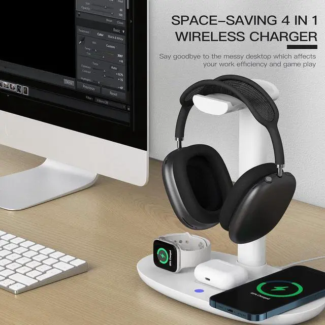 Alt view image 5 of 7 - BONAEVER Headphone Stand with 15w Wireless Charger, 4 in 1 Charging Station Headset Holder for AirPods Max/Pro/4/3/2 iWatch 10/9/8/7/6/5/4/3/2/1/SE iPhone 16/15/14/13/12/11/X for Desktop Table Game