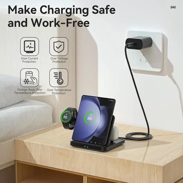 Alt view image 4 of 7 - BONAEVER Wireless Charger Station for Samsung Z Fold 6 / 5, 3 In 1 Foldable Fast Wireless Charging Stand Dock for Samsung Galaxy Z Fold4/Flip 6/5/, Wireless Charger for Watch 6/6 Classic, Buds 2