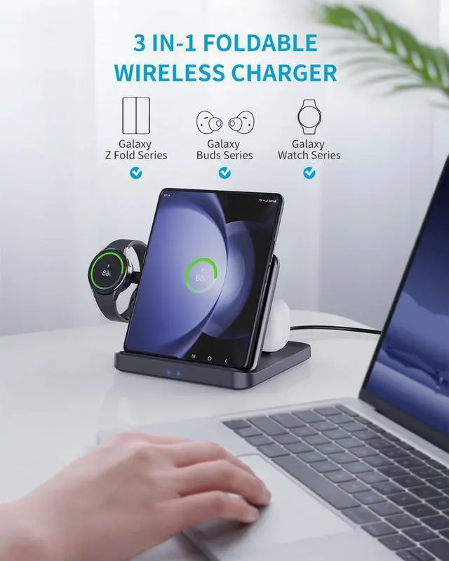 Alt view image 2 of 7 - BONAEVER Wireless Charger Station for Samsung Z Fold 6 / 5, 3 In 1 Foldable Fast Wireless Charging Stand Dock for Samsung Galaxy Z Fold4/Flip 6/5/, Wireless Charger for Watch 6/6 Classic, Buds 2