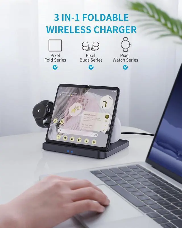 Alt view image 3 of 7 - BONAEVER 3 in 1 Foldable Wireless Charging Station for Google Pixel 9 Pro Fold/9 Pro/9/8 Pro/8A/7/6/5/4, Pixel Buds and Pixel Watch 1, 15W Wireless Charger Stand, Not for Pixel Watch 2nd