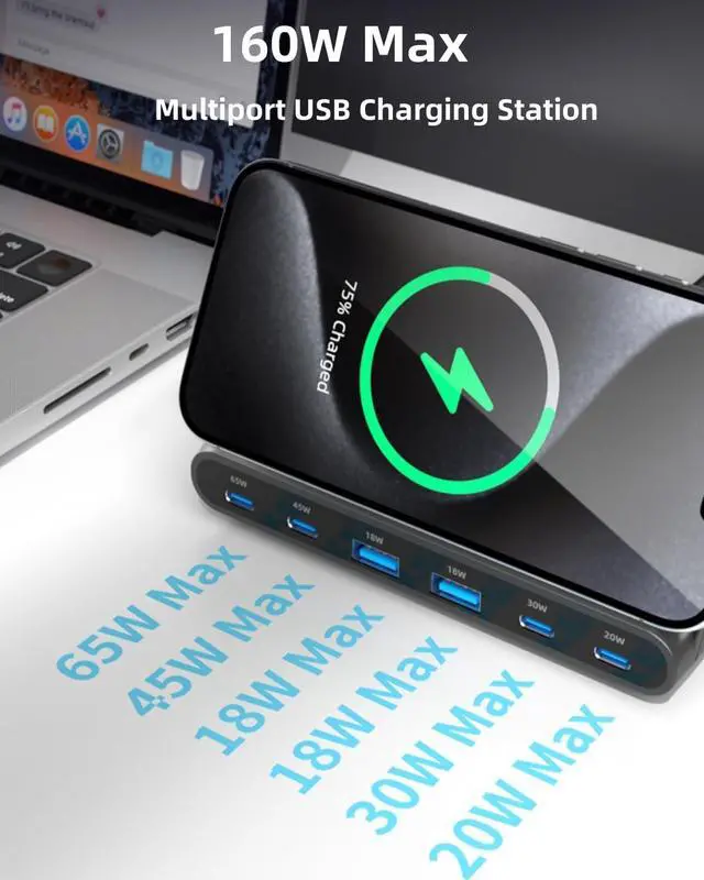 Alt view image 4 of 7 - BONAEVER USB C Charger 160W 6 Port Desktop Wireless Charger Stand,Multiport USB C Charging Station with PD QC 3.0 Fast Charging and 15W Wireless Charging for MacBook Laptop iPhone Galaxy