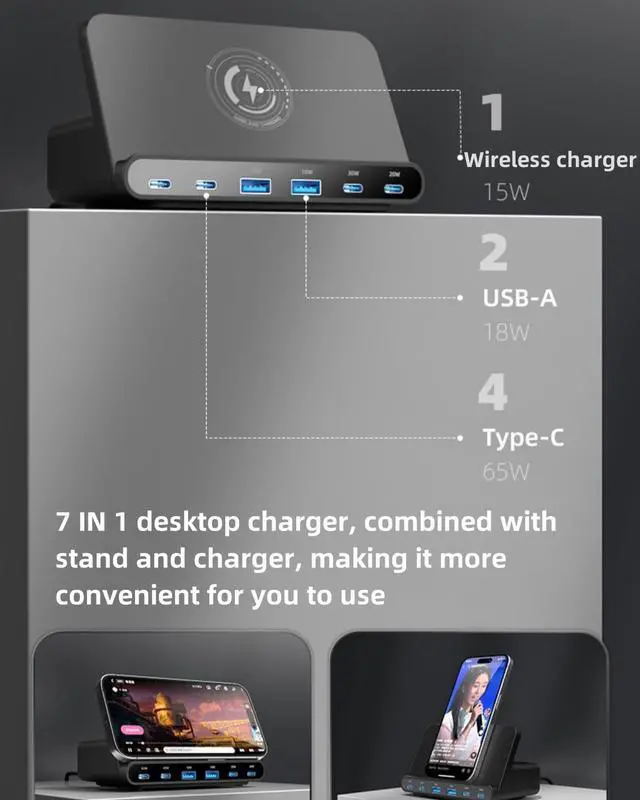 Alt view image 3 of 7 - BONAEVER USB C Charger 160W 6 Port Desktop Wireless Charger Stand,Multiport USB C Charging Station with PD QC 3.0 Fast Charging and 15W Wireless Charging for MacBook Laptop iPhone Galaxy