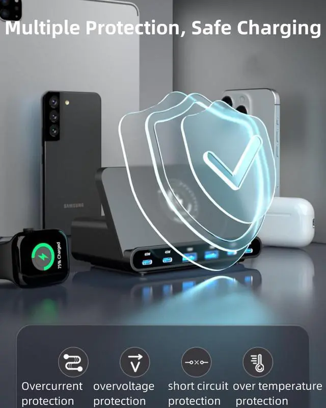 Alt view image 6 of 7 - BONAEVER USB C Charger 160W 6 Port Desktop Wireless Charger Stand,Multiport USB C Charging Station with PD QC 3.0 Fast Charging and 15W Wireless Charging for MacBook Laptop iPhone Galaxy