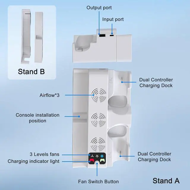 Alt view image 5 of 7 - BONAEVER Horizontal Cooling Station for PS5 Slim/Pro Disc/Digital Edition with Controller Charger, 3-Level Cooling Fan Station Stand for PlayStation 5 Slim/Pro Console (NOT Fit 2020 PS5)
