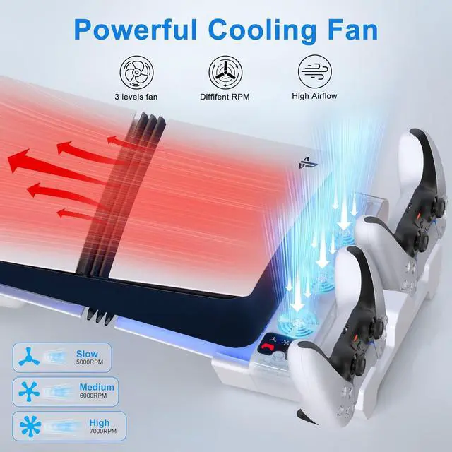 Alt view image 6 of 7 - BONAEVER Horizontal Cooling Station for PS5 Slim/Pro Disc/Digital Edition with Controller Charger, 3-Level Cooling Fan Station Stand for PlayStation 5 Slim/Pro Console (NOT Fit 2020 PS5)