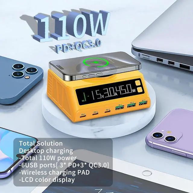 Alt view image 5 of 7 - BONAEVER USB C Charging Station for Multiple Devices,110W 6-Ports GaN Chargers Block,Magnetic Wireless Multi Charging Station Dock for iPod, iPhone, iPad, MacBook,Laptop,Samsung,Tablet, Android