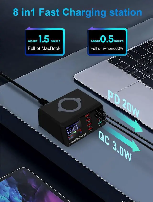 Alt view image 3 of 7 - BONAEVER 100W 8-Port USB Qi Wireless Charging Station, QC 3.0 / PD Fast Charge for Phones Tablets USB Tools, Multi-Device Smart IC Desktop Organizer Hub