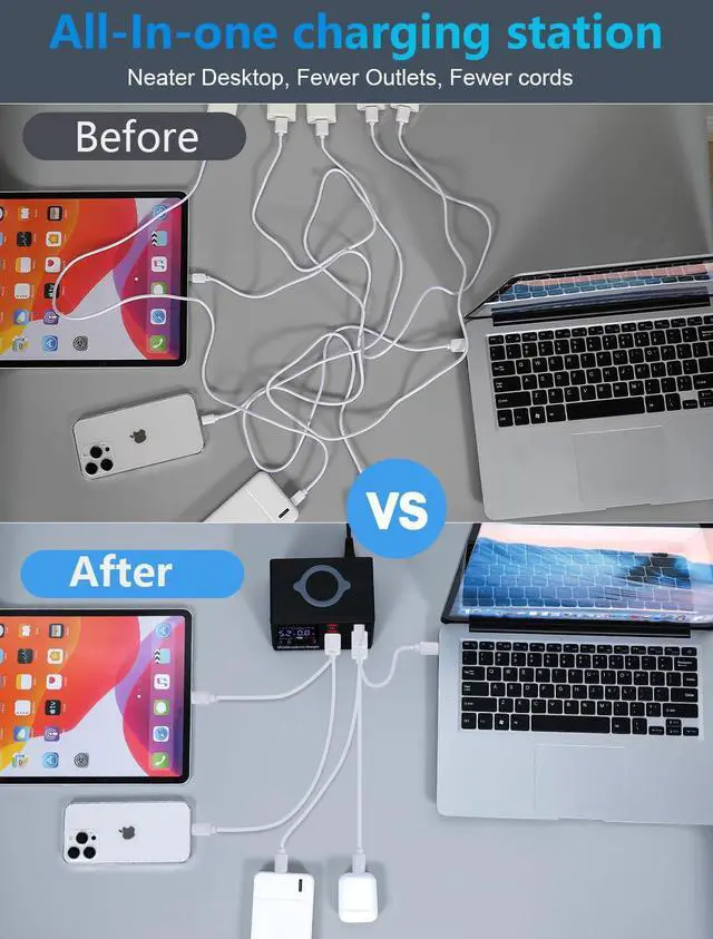 Alt view image 5 of 7 - BONAEVER 100W 8-Port USB Qi Wireless Charging Station, QC 3.0 / PD Fast Charge for Phones Tablets USB Tools, Multi-Device Smart IC Desktop Organizer Hub