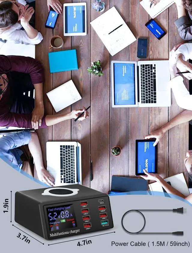 Alt view image 7 of 7 - BONAEVER 100W 8-Port USB Qi Wireless Charging Station, QC 3.0 / PD Fast Charge for Phones Tablets USB Tools, Multi-Device Smart IC Desktop Organizer Hub