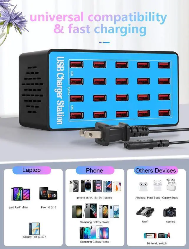 Alt view image 4 of 7 - BONAEVER Charging Station, 100W20Port USB Charging Station, Multiple USB Charger Station, Charging Station for Multiple Devices, Multi USB Charging Station, Chargers for Multiple Devices