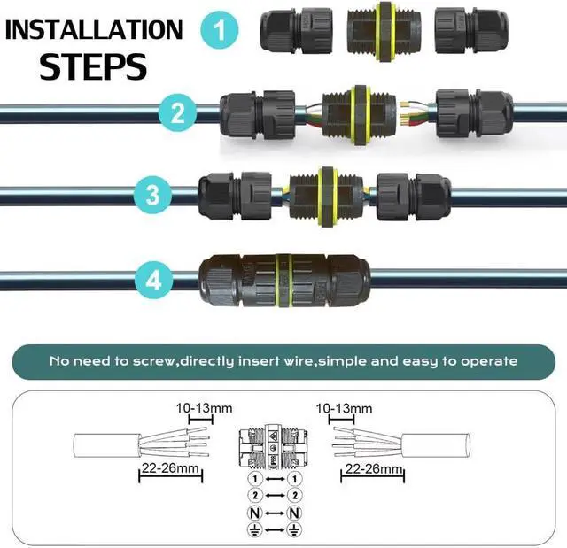 Alt view image 5 of 7 - BONAEVER IP68 Waterproof 2 Way 4 Pin Junction Box Electrical Cable Connector,5 Pack 24A 400V M20 Wire Range (5-9mm) for Outdoor Rapid Maintenance Expansion and Extension of Cable Connectors