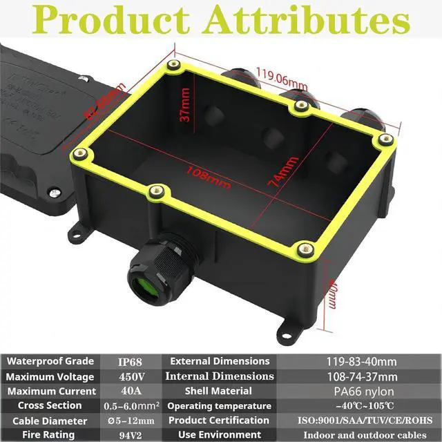 Alt view image 2 of 6 - BONAEVER 4-Way XL Waterproof Outdoor Junction Box, IP68 Rated, Suitable for Underground & 5-12mm Electrical Connections