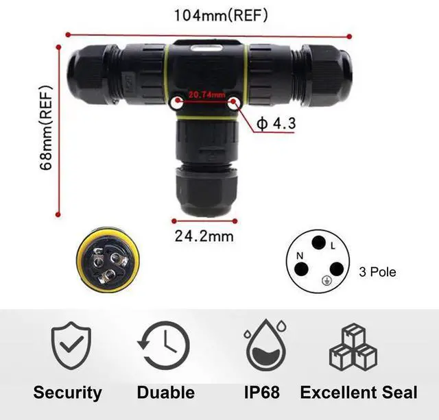 Alt view image 3 of 7 - BONAEVER IP68 Waterproof Cable Connector 3-Channel 3-Poles, Outdoor Waterprrof Junction Box Connector,Ideal for 2 or 3 Pin Cables Ø4-12mm,Use for Outdoor Billboards,Tunnel Lights,Road Landscape Lights