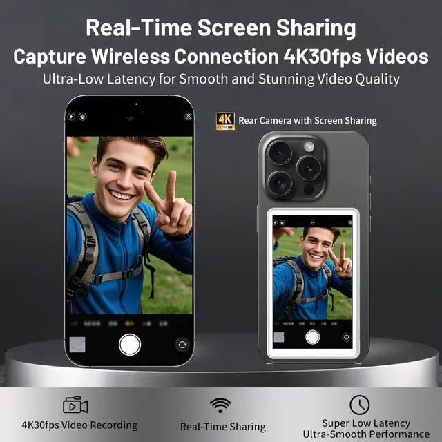 Alt view image 5 of 7 - BONAEVER Phone Vlog Selfie Monitor Screen, Magnetic Mount for MagSafe, Rear Camera for Selfie Vlog Live Stream, iPhone & Android Compatible, Wireless Connection