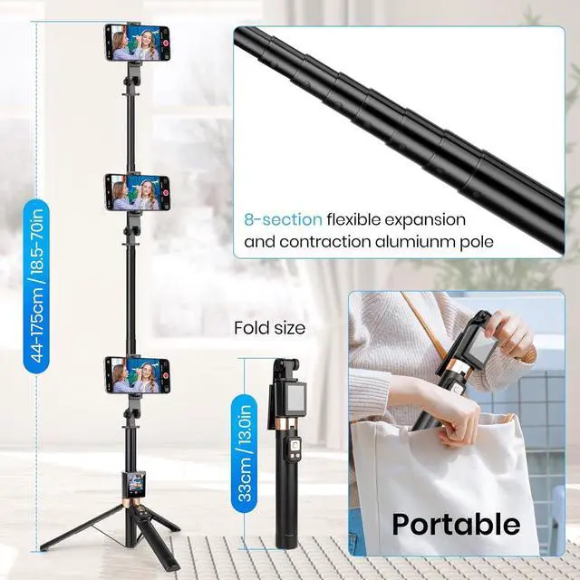 Alt view image 3 of 7 - BONAEVER Universal Phone Tripod & Real-Time Back Camera Monitor for iPhone & Android, Bluetooth Vlog Selfie Stick with Monitor Screen for iPhone Live Streaming TikTok YouTube