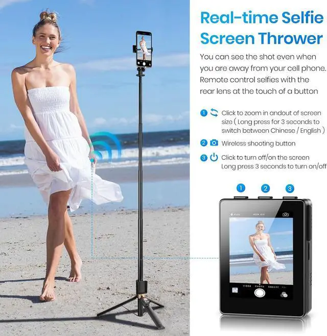 Alt view image 6 of 7 - BONAEVER Universal Phone Tripod & Real-Time Back Camera Monitor for iPhone & Android, Bluetooth Vlog Selfie Stick with Monitor Screen for iPhone Live Streaming TikTok YouTube