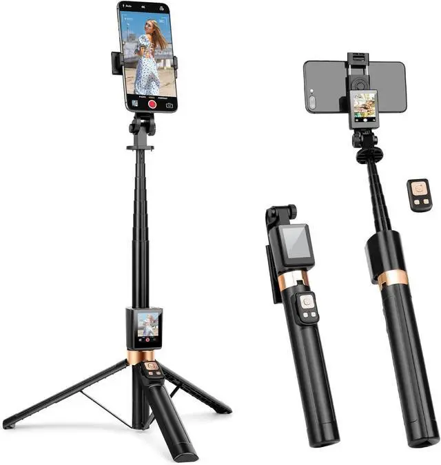 Main image of BONAEVER Universal Phone Tripod & Real-Time Back Camera Monitor for iPhone & Android, Bluetooth Vlog Selfie Stick with Monitor Screen for iPhone Live Streaming TikTok YouTube
