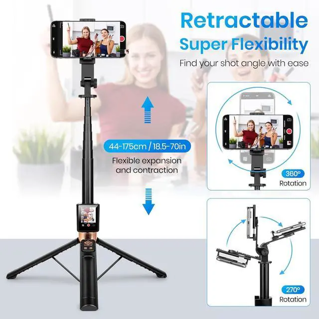 Alt view image 4 of 7 - BONAEVER Universal Phone Tripod & Real-Time Back Camera Monitor for iPhone & Android, Bluetooth Vlog Selfie Stick with Monitor Screen for iPhone Live Streaming TikTok YouTube