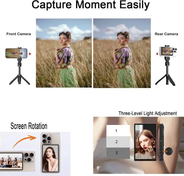 Alt view image 2 of 7 - BONAEVER Magnetic Phone Vlog Selfie Monitor Screen, Phone Rear Camera with 3 Levels Brightness, 3.97 inch HD Display for Vlog Live Stream TikTok