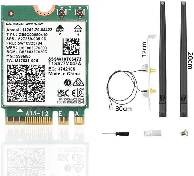 Main image of BONAEVER WiFi 6E AX210 NGW Wireless Card, Expand to Tri-Band 6GHz/5GHz/2.4GHz M.2 NGFF Wireless Bluetooth 5.3, AX210 WiFi Chip, Includes Ipex Cable, 8dBi Antennas and Brackets Support Windows 10/11