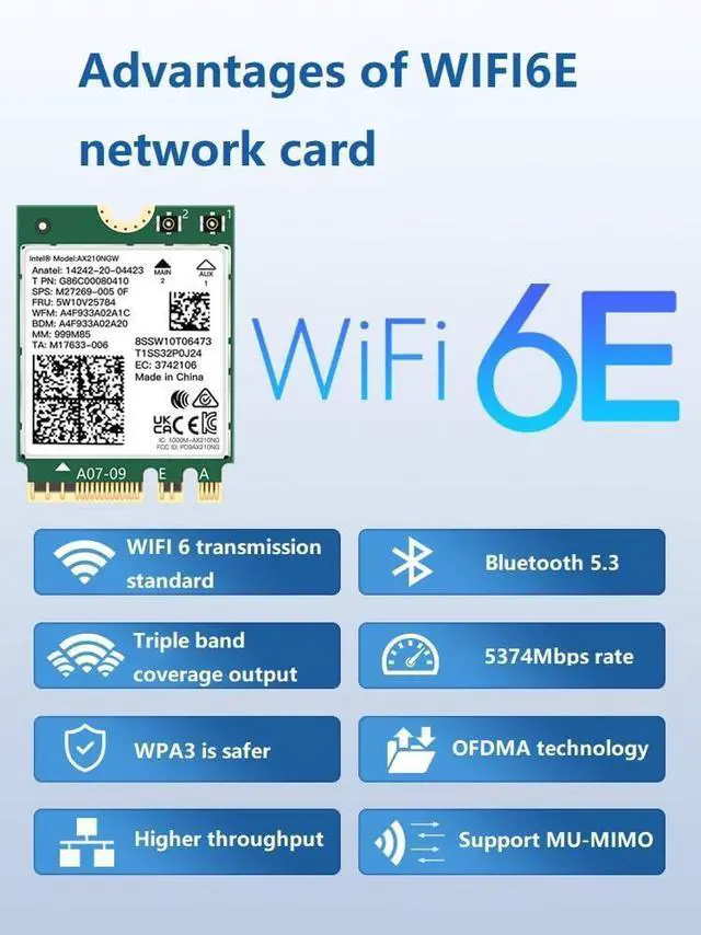 Alt view image 5 of 7 - BONAEVER WiFi 6E AX210 NGW Wireless Card, Expand to Tri-Band 6GHz/5GHz/2.4GHz M.2 NGFF Wireless Bluetooth 5.3, AX210 WiFi Chip, Includes Ipex Cable, 8dBi Antennas and Brackets Support Windows 10/11