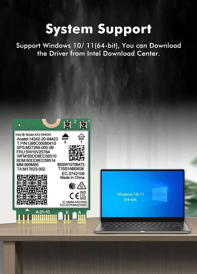 Alt view image 6 of 6 - BONAEVER WiFi 6E Wireless Card Intel AX210 NGW Bluetooth 5.3 Tri-Band 5400Mbps Network Adapter for Laptop Support Windows 10/11 (64bit) M.2/NGFF