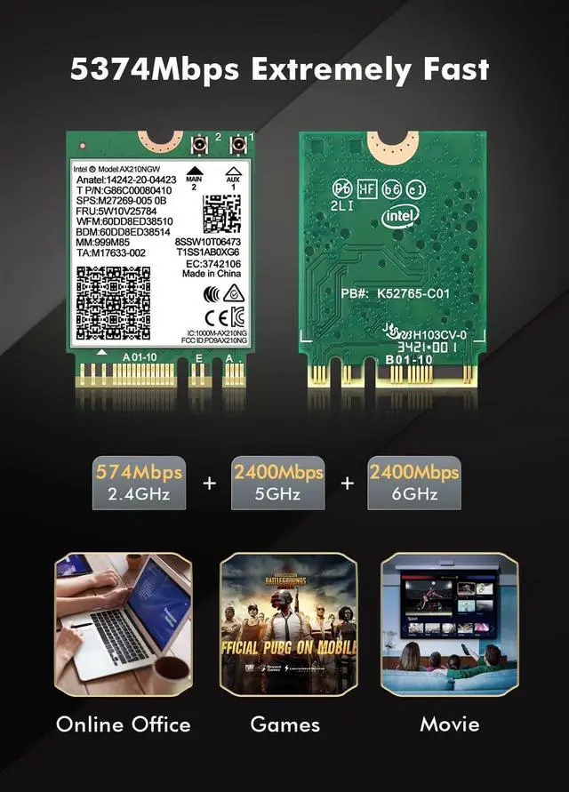 Alt view image 3 of 6 - BONAEVER WiFi 6E Wireless Card Intel AX210 NGW Bluetooth 5.3 Tri-Band 5400Mbps Network Adapter for Laptop Support Windows 10/11 (64bit) M.2/NGFF
