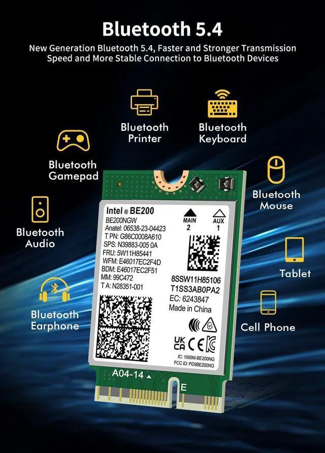 Alt view image 3 of 6 - BONAEVER WiFi 7 Wireless Card Intel BE200 NGW, Bluetooth 5.4, 5800Mbps M.2/NGFF Network Support Windows 10/11 (64bit), Linux, Not Support AMD. Ideal for WiFi7/WiFi6E/WiFi6/WiFi5 Router and Wireless AP