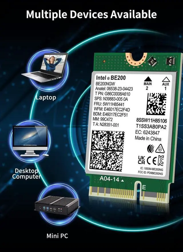 Alt view image 5 of 6 - BONAEVER WiFi 7 Wireless Card Intel BE200 NGW, Bluetooth 5.4, 5800Mbps M.2/NGFF Network Support Windows 10/11 (64bit), Linux, Not Support AMD. Ideal for WiFi7/WiFi6E/WiFi6/WiFi5 Router and Wireless AP