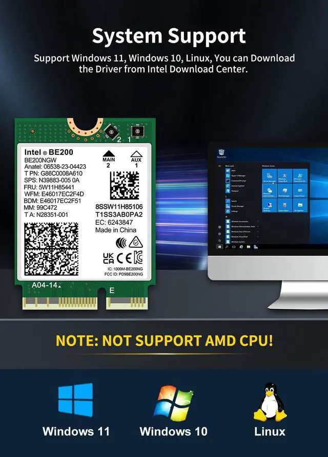 Alt view image 6 of 6 - BONAEVER WiFi 7 Wireless Card Intel BE200 NGW, Bluetooth 5.4, 5800Mbps M.2/NGFF Network Support Windows 10/11 (64bit), Linux, Not Support AMD. Ideal for WiFi7/WiFi6E/WiFi6/WiFi5 Router and Wireless AP